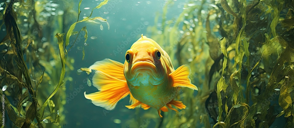 Poster a bright orange garibaldi fish swims through its natural habitat of kelp and curiously checks me out