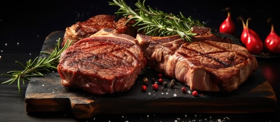 Barbecue dry aged wagyu rib eye beef steaks with herb and black salt served as close up on a black board with copy space right. Copyspace image. Square banner. Header for website template - obrazy, fototapety, plakaty