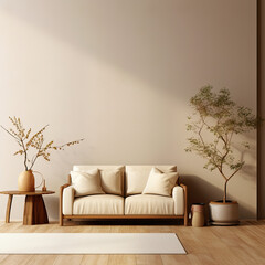 Japandi minimalist style home interior design of modern living room. Beige sofa and chair against wall with copy space