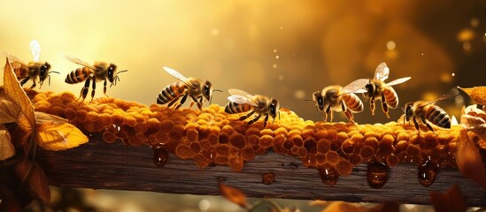 A group of bees flying around a beehive Busy Bees Buzzing Around Their Honeycomb Home. Copyspace image. Square banner. Header for website template