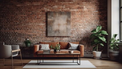 A Cozy Living Room with Brick Wall and Comfy Couch