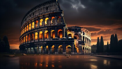 The Majestic Illumination of the Roman Colosseum at Night - obrazy, fototapety, plakaty