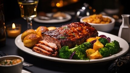 Elegant duck dinner in dim lighting.