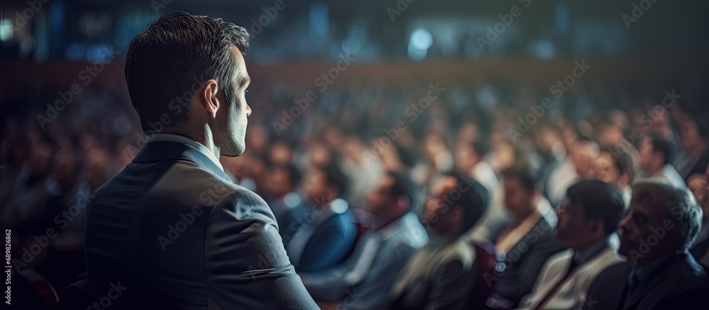 Poster business and entrepreneurship symposium speaker giving a talk at business meeting audience in confer