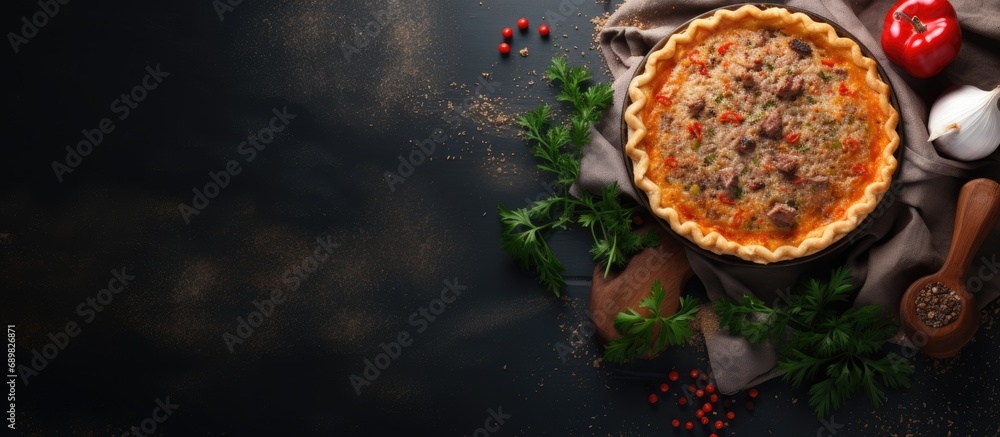 Poster classic pie with minced meat and rice on wooden board composition with meat pie on concrete backgrou
