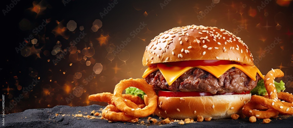 Aufkleber a delicious gourmet cheeseburger on a pretzel bun with lettuce onion and tomato. copyspace image. sq
