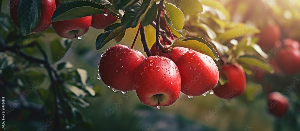 Poster Basket full of red juicy apples on an apple tree from the apple orchards of Kashmir. Copyspace image. Square banner. Header for website template