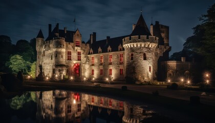 Fototapeta na wymiar Castle Illuminated at Night by a Tranquil Water
