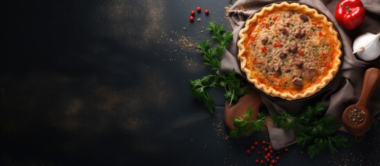 Classic pie with minced meat and rice on wooden board Composition with meat pie on concrete background with textile and spices Homemade pie with meat and rice in rustic style on gray table