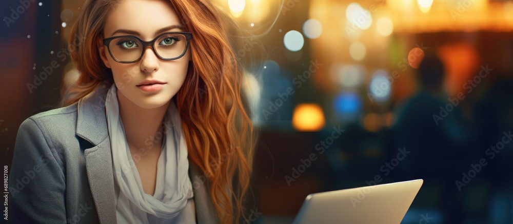 Poster A woman with glasses is a designer who works uses a laptop computer communicates online with a client. Copyspace image. Square banner. Header for website template