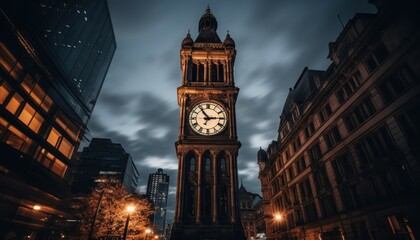 Fototapeta premium A Majestic Clock Tower Illuminating the Night Sky