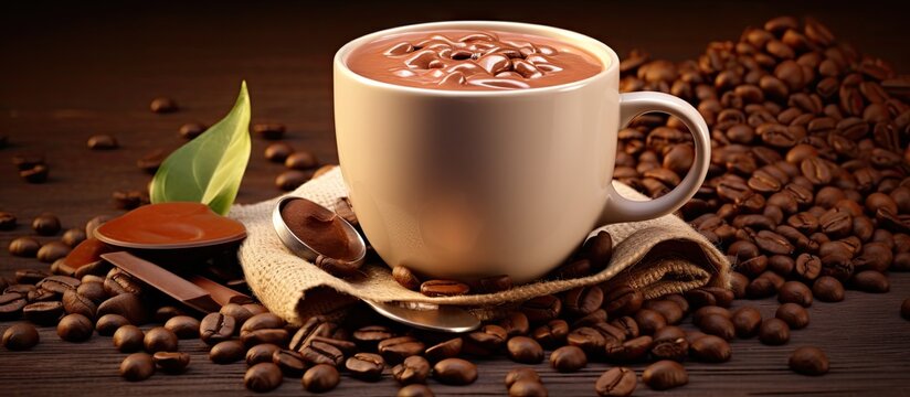 Delicious hot cocoa with chocolate and cocoa beans. Copyspace image. Square banner. Header for website template