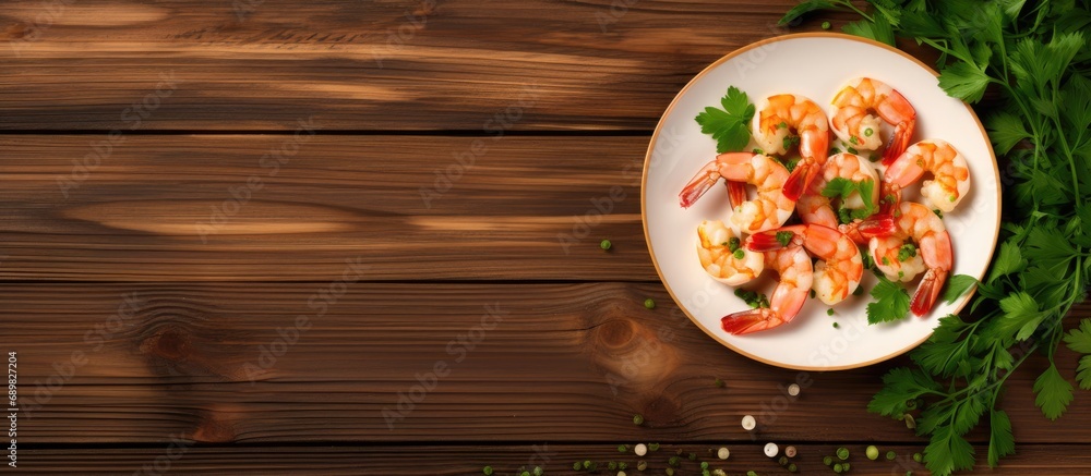 Aufkleber butter garlic fried shrimps sprinkled with pieces of chilli and parsley on white dish with soy sauce