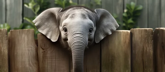 Draagtas Baby Elephant stands near wood fence sri lanka. Copyspace image. Square banner. Header for website template © vxnaghiyev