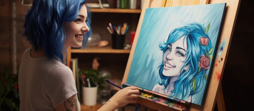 Amateur picture of girl with blue hair in anime style on wooden easel at home studio Learning to draw emotions A happy woman hand drawn with alcohol markers. Copyspace image. Square banner