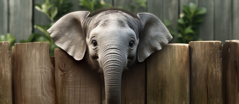 Baby Elephant stands near wood fence sri lanka. Copyspace image. Square banner. Header for website template