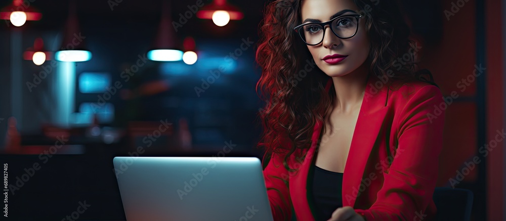Poster A woman with glasses is a designer who works uses a laptop computer communicates online with a client. Copyspace image. Square banner. Header for website template