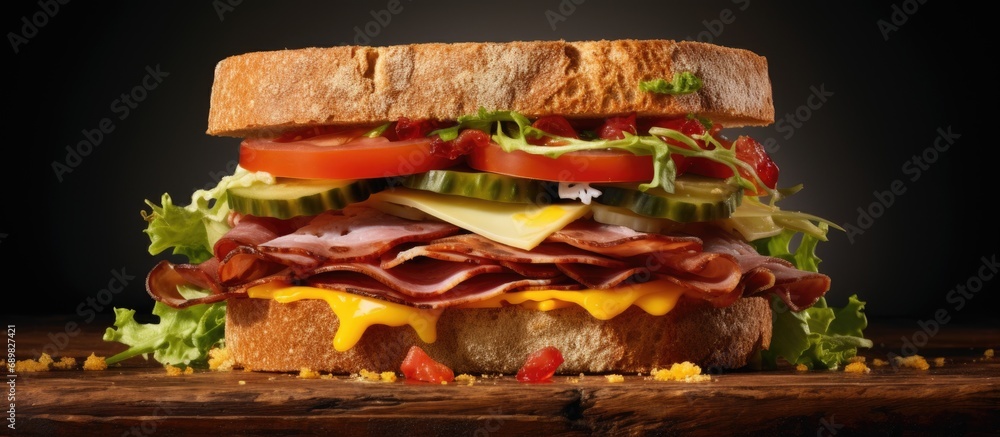 Aufkleber Cafe Sandwich with bacon cheese ham and vegetables. Copyspace image. Square banner. Header for website template