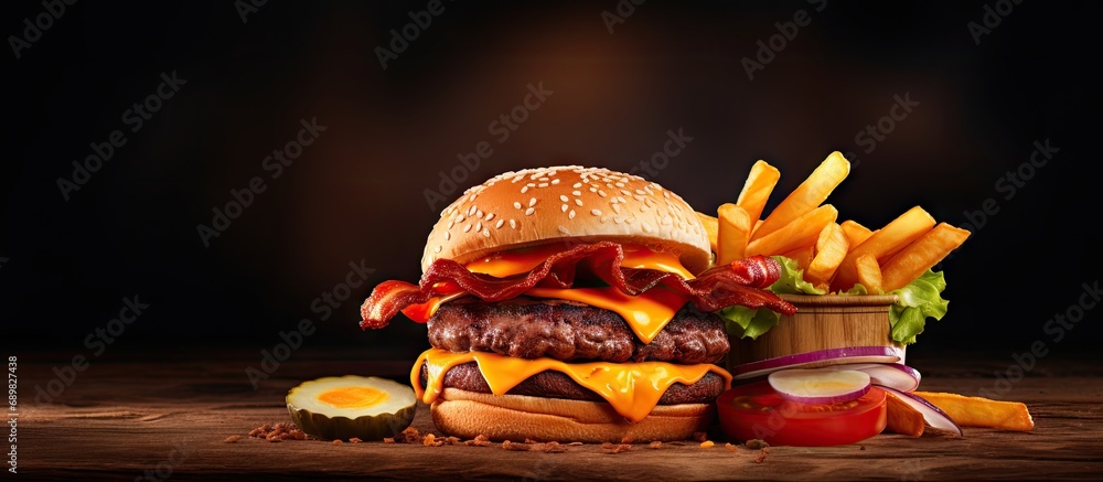 Poster classic double bacon cheese smash burger with a side of sweet potato fries. copyspace image. square 