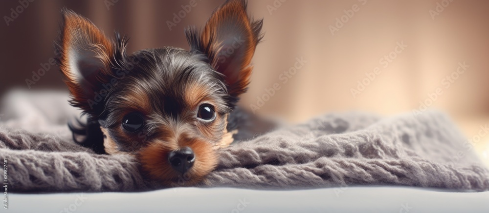 Poster a small dog lies on a woolen blanket on the bed. copyspace image. square banner. header for website 