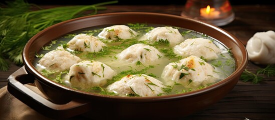 Chicken and matzo ball soup traditional Ashkenazi Jewish dish for holiday of Passover. Copyspace image. Square banner. Header for website template - obrazy, fototapety, plakaty