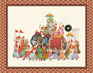 Mughal Emperor riding Elephant. India Miniature Painting Rajasthan, Udaipur Vector.