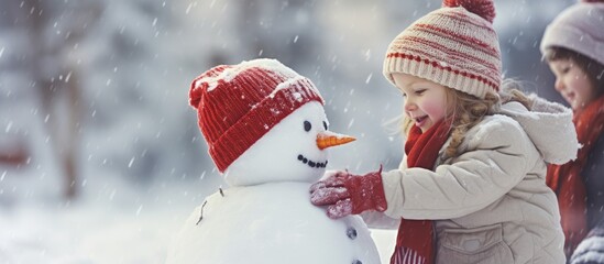 Child building snowman Kids build snow man Boy playing outdoors on snowy winter day Outdoor family fun on Christmas vacation Children play in beautiful sunny park. Copyspace image. Square banner - Powered by Adobe