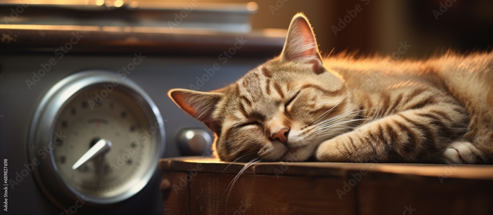 Poster cat sleeping on stove fireplace in home room. copyspace image. square banner. header for website tem