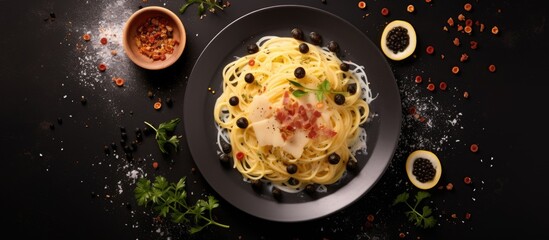 Delicious spaghetti alla carbonara a traditional roman recipe of pasta topped with egg pecorino and black pepper sauce italian food. Copyspace image. Square banner. Header for website template - obrazy, fototapety, plakaty