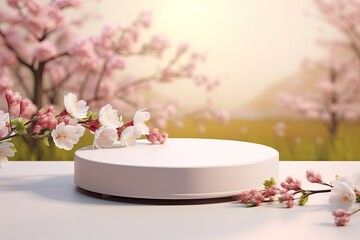 round light pink podium with blossoming cherry branches. with a warm spring garden of fruit trees in the background