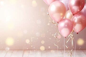 festive pink helium balloons with empty space for text. blurred background with golden hexagons of glitter dust