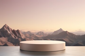 round podium for the presentation of luxury products. against the backdrop of a mountain in the sunset light.