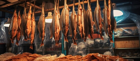 Dried fish at Tsukiji the worlds largest fish market in Tokyo. Copyspace image. Square banner. Header for website template - Powered by Adobe
