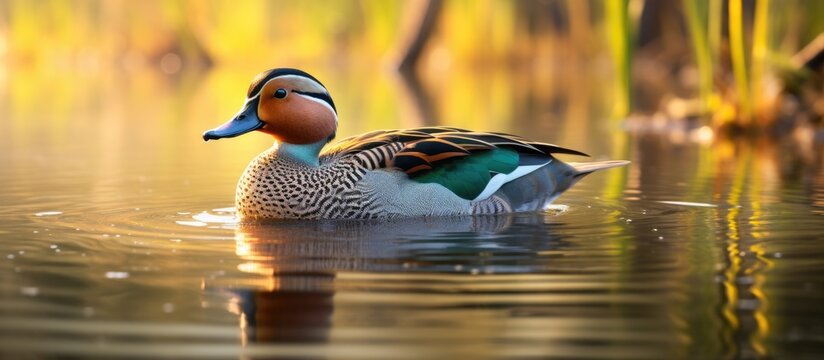 Amazonetta brasiliensis Brazilian Teal Male in the morning in a lake with calm waters relaxing and stretching its beautiful colors. Copyspace image. Square banner. Header for website template