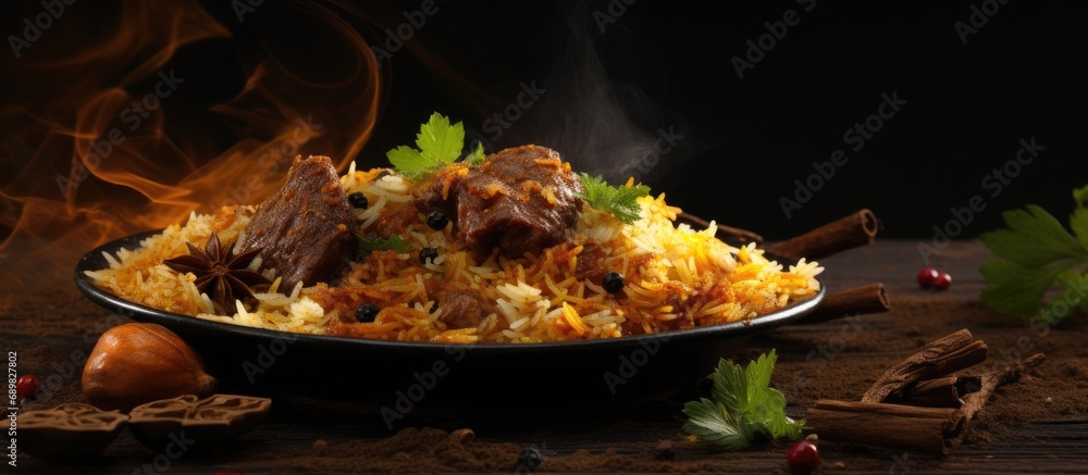 Aufkleber delicious and spicy beef biryani and kabab. copyspace image. square banner. header for website templ