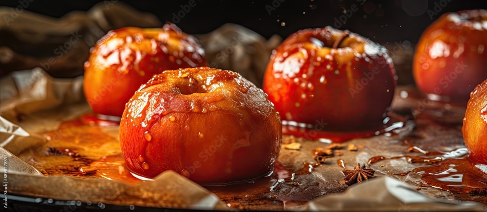 Poster diet food baked apples in baking sheet on baking paper sprinkled with sugar syrup soft focus delicio