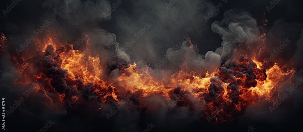 Poster Burning building with flames and black smoke. Copyspace image. Square banner. Header for website template