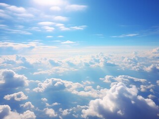 Fototapeta premium the camera view from the plane window , the blue sky and big clouds in sunlight very beautiful , AIGENERATED