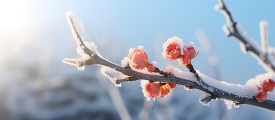 Close up of frozen branch with bud covered with ice Bad weather condition in spring for fruit production. Copyspace image. Square banner. Header for website template - obrazy, fototapety, plakaty