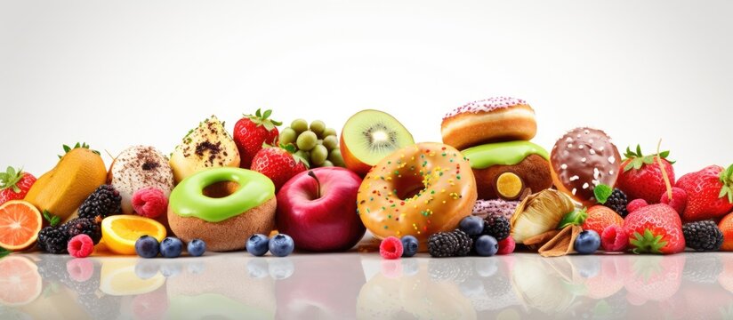 Close up female hand pushing out avoid say no her favorite donut sweets and choose green apple and vegetables for good health and weight control as diet and healthy concept. Copyspace image