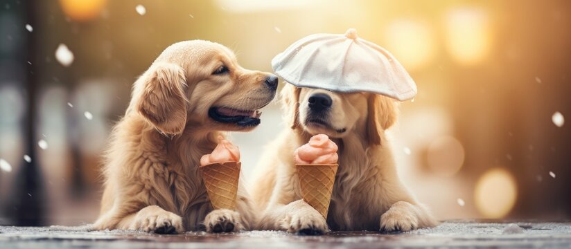 couple of dogs in love very close together lying on grass under the umbrella at the park eating ice cream and hugging or embracing. Copyspace image. Square banner. Header for website template