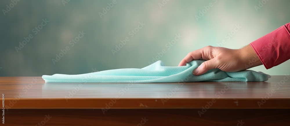 Poster Cropped image of cleaner hands cleaning a white table with a blue cloth. Copyspace image. Square banner. Header for website template