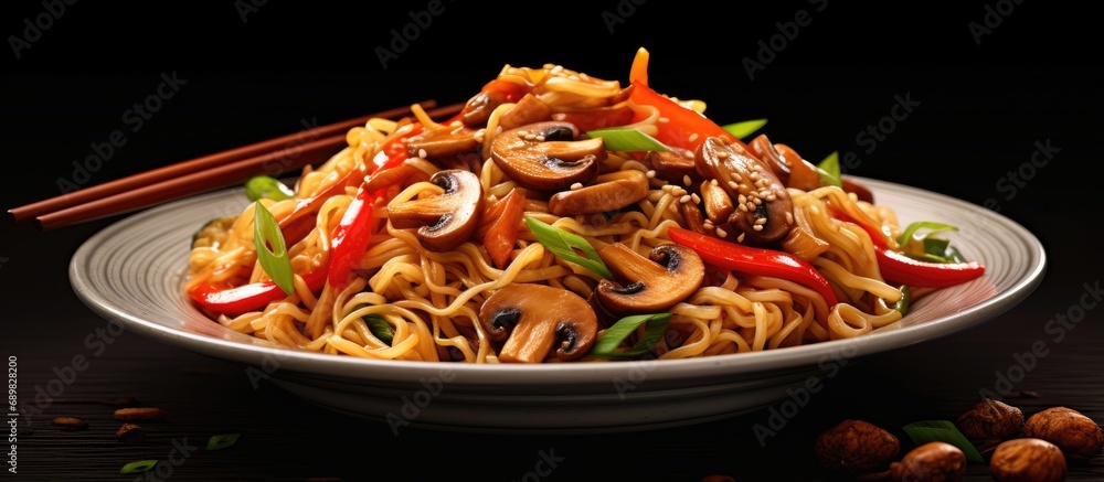 Aufkleber asian shimeji noodles dish chow mein noodles pasta with stir fried vegetables soy sauce and shimeji 