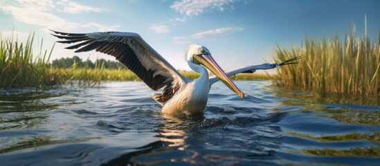 Danube delta wild life birds a pelican gracefully gliding through the water at sunset amidst the challenges of climate change biodiversity Conservation. Copyspace image. Square banner - obrazy, fototapety, plakaty