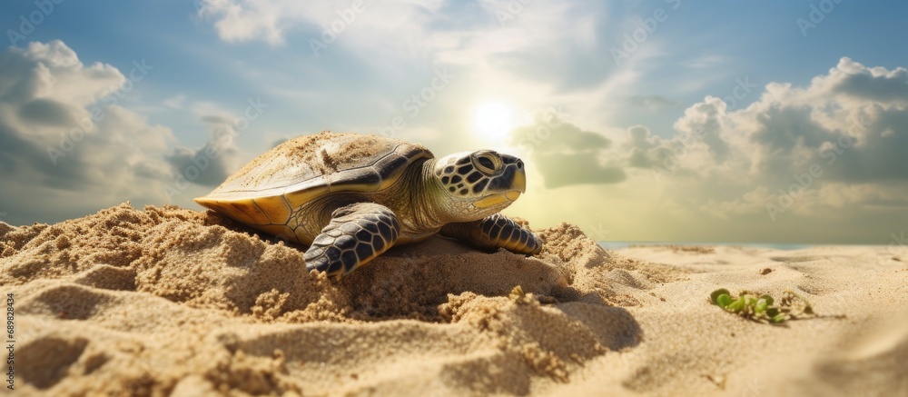 Poster detail of the exact moment in which a female of green turtle chelonia mydas burying many freshly lai