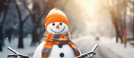 A snowman with a bright reflective vest and bicycle helmet ensures that he s safely equipped for cycling. Copyspace image. Square banner. Header for website template