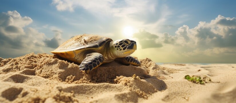 Detail of the exact moment in which a female of green turtle Chelonia mydas burying many freshly laid eggs on a beach of the Poilao island in the Atlantic ocean. Copyspace image. Square banner