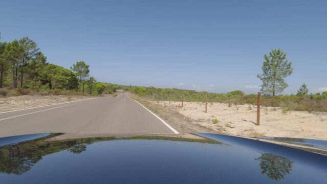 First person view, FPV, from dashcam of car driving along the Alentejo Coast in Portugal, passing cork oak trees and sand dunes. Road trip video in POV, with blue and clear sky on an empty road
