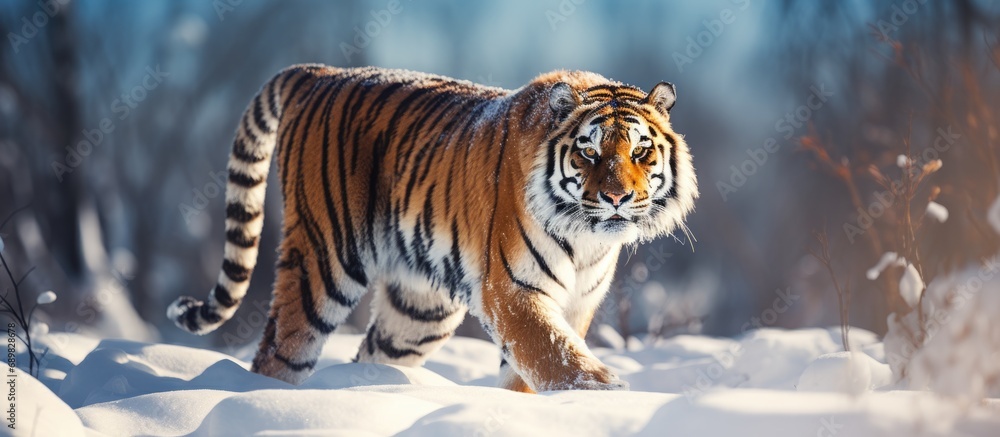 Poster careful amur tiger is standing on a white snow and looking away siberian tiger panthera tigris tigri
