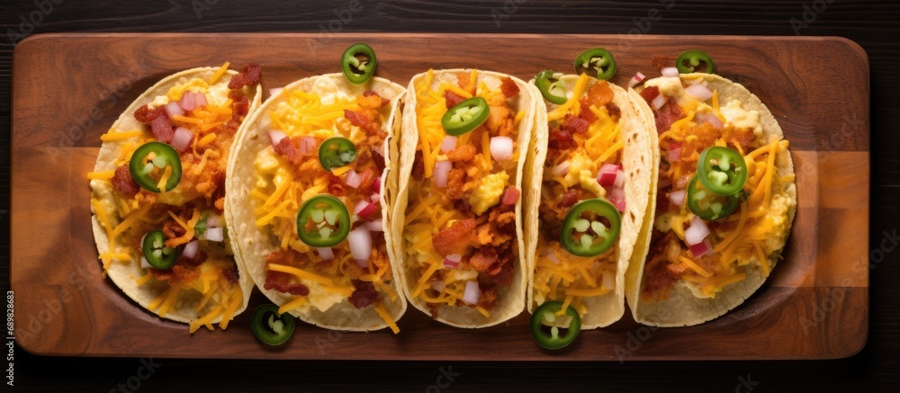 Poster Breakfast tacos with hashbrowns scrambled eggs and bacon topped with cheese and green onion overhead shot. Copyspace image. Square banner. Header for website template
